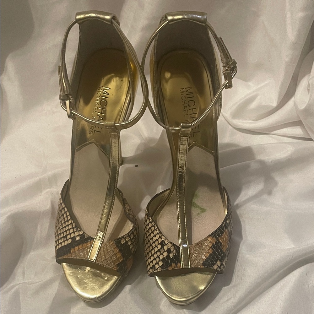 MICHAEL Michael Kors Gold and Snake-Print T-Strap Heels